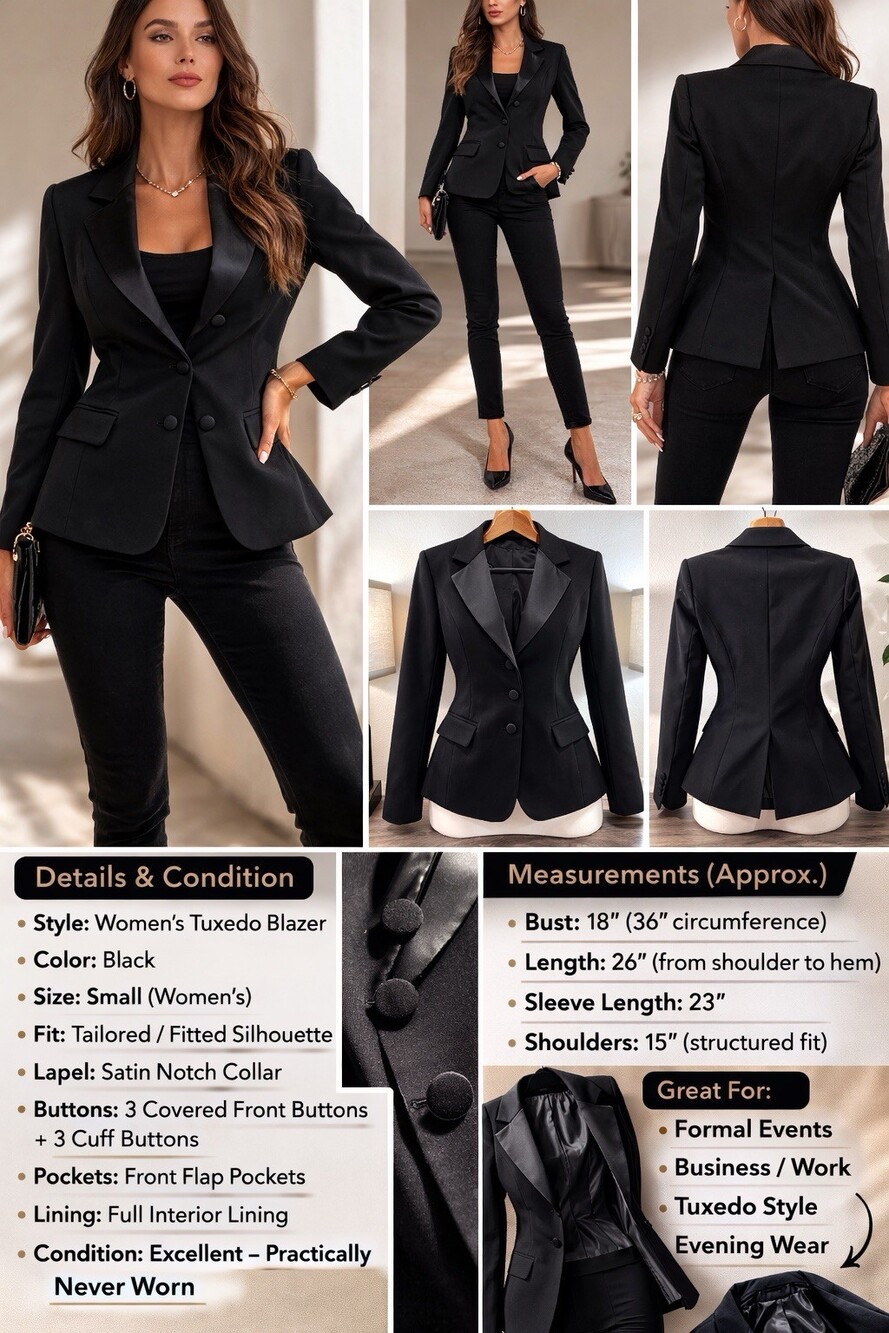 Women’s Black Tuxedo Blazer Size Small Tailored Satin Lapel Fitted Formal Jacket